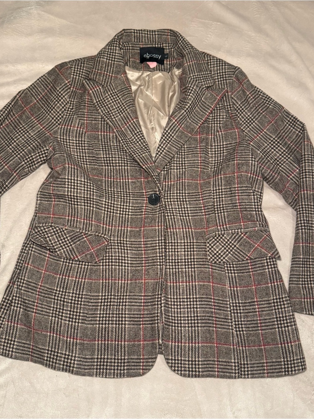 Gray Plaid Blazer with Pink Windowpane Accent